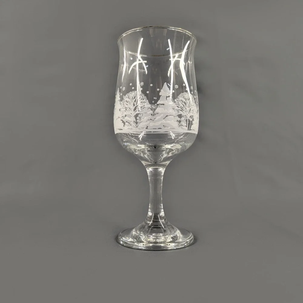 Vintage Frosted Winter Forest Gold Rim Stemmed Water Goblets Set of 6